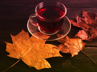 ?up with red Chinese tea on maple leaves on a wooden table