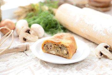 strudel with meat and mushrooms on a wooden board with flour
