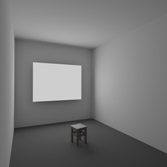 One stool in the middle of an empty room in front of a bright screen. Illustration. 3D graphic. 