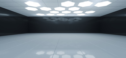 Futuristic Interior Black And White Room With Hexagon Shaped White Lights On The Ceiling With Empty Space Wall 3D Rendering © IM_VISUALS