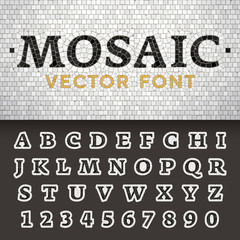 Vector mosaic floor style font. Latin letters from A to Z and numbers from 0 to 9 made of pavement stones. Beautiful classic design. - obrazy, fototapety, plakaty