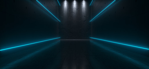 Empty Dark Futuristic Sci Fi Big Hall Room With Lights And Refelction Surface 3D Rendering