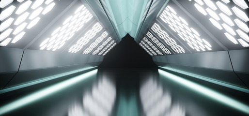 Sci-Fi Futuristic Dark Long Triangle Shaped Ship Tunnel With Hexagon White Lights And Reflected Materials 3D Rendering