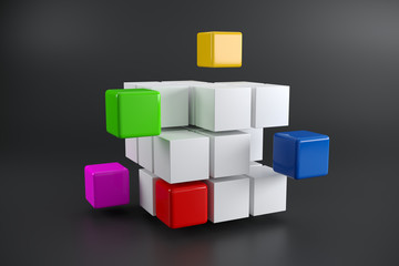 Fototapeta na wymiar Realistic Disassembled Cube With Colorful Little Cubes Aside On Dark Background Team Project Concept 3D Rendering