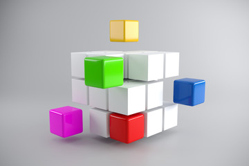 Obraz premium Realistic Disassembled Cube With Colorful Little Cubes Aside On White Background Team Project Concept 3D Rendering