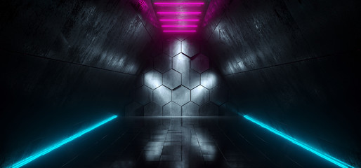 Futuristic Sci-Fi Ship Corridor With Hexagon Glowing Lights Reflected Everywhere And Blue Led Neon Stripes 3D Rendering