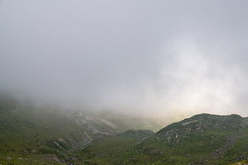 Beautiful foggy meadow. Dense fog over mountain trough the grass meadow