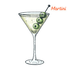 Martini cocktail illustration. Alcoholic cocktails hand drawn vector illustration.