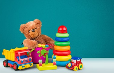 Colorful toys collection on desk