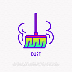 Broom sweeping and dusting thin line icon. Modern vector illustration.