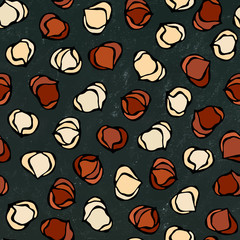 Black Board. Hazelnut Seamless Endless Pattern. Whole Peeled Hazelnut. Autumn or Fall Harvest Collection. Realistic Hand Drawn High Quality Vector Illustration. Doodle Style.