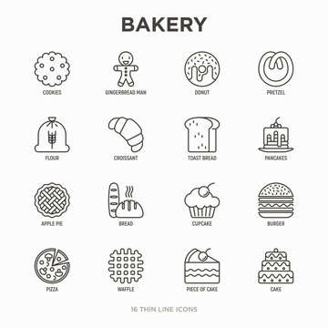 Bakery thin line icons set: toast bread, pancakes, flour, croissant, donut, pretzel, cookies, gingerbread man, cupcake, burger, apple pie, pizza, waffle. Modern vector illustration.