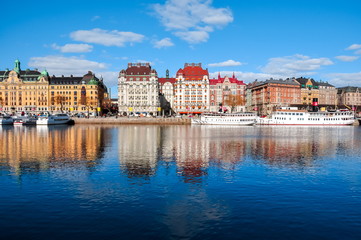 Fototapeta na wymiar Buildings on Strandvagen embankment, Stockholm, Sweden