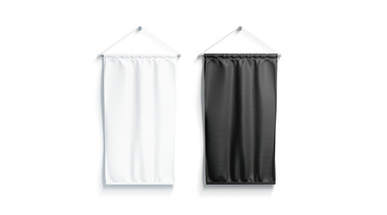 Blank black and white rectangle pennant mock up, isolated, 3d rendering. Clear penant hanging on...