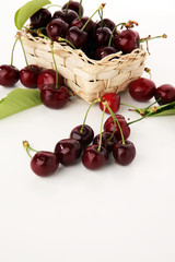 Cherry. Red fresh Cherries in basket and a bunch of cherries on the table