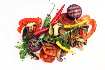 Papier Peint photo Lavable Légumes Grilled vegetables. Tomatoes, zucchini, bell pepper and fresh herbs.