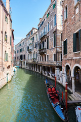 View on canal with boat and water. Picturesque landscape.