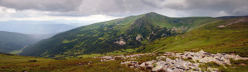 Amazing mountain landscape in vivid sunny day, natural outdoor travel background. Dramatic and picturesque scene of Carpathian mountains in Ukraine.