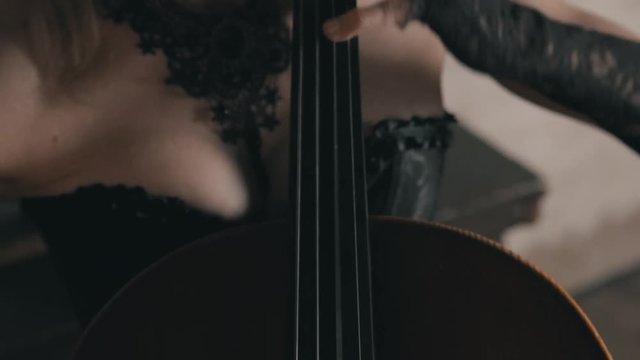 Woman in a lace Victorian style dress plays the cello in a string quartet