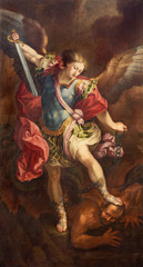 ZARAGOZA, SPAIN - MARCH 2, 2018: The painting of Michael Archangel in church Iglesia de la Exaltación de la Santa Cruz by Manuel Eraso (after Guido Reni in Rome) from 18. cent. © Renáta Sedmáková