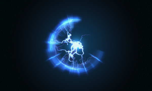 Lightning and bright light in energy ball with spherical plasma radiating electric rays. 3D rendered illustration.