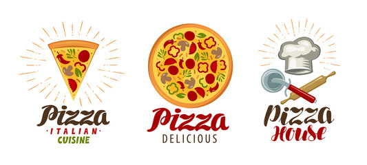 Pizza, pizzeria logo or icon. Labels for menu design restaurant or cafe. Vector illustration