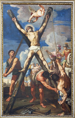 REGGIO EMILIA, ITALY - APRIL 12, 2018: The Crucifixion of st. Andrew the Apostle in church Chiesa...