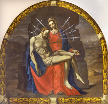 REGGIO EMILIA, ITALY - APRIL 12, 2018: The painting of Pieta (Madonna of Seven Sorrows) in church Chiesa die Cappuchini by unknown artist of 17. cent.