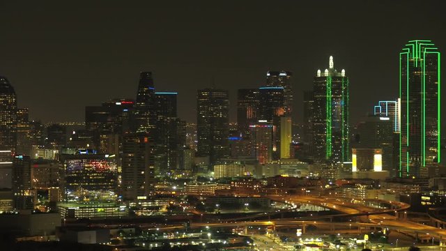 Aerial footage Downtown Dallas Texas at night