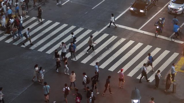 High Angle Time Lapse Shot of the People Walking on Pedestrian Crossing of the Road. Big City with Crowd of People on the Crosswalk in the Evening. 