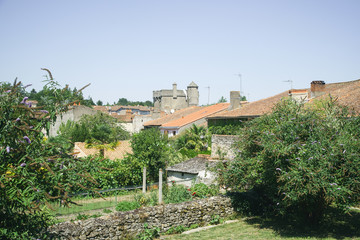 French countryside summer landscape with tile roofs and flourishing nature