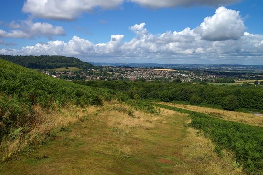 Rural scenery in Cotswolds. View to Dursley and Cam in England.