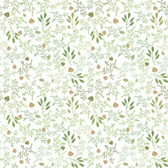 Seamless vector pattern with branches and leaves of brown and orange natural vegetable on a white background.