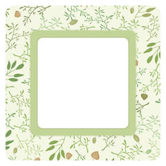 Square wreath greeting card green with vector pattern with branches and leaves natural vegetative background with white field and shadows.