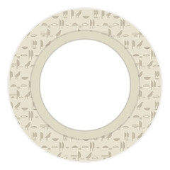 Naklejka premium Ancient Egyptian hieroglyphs imitation inscriptions gray brown symbols a wreath vector greeting card round with a white area in the center.