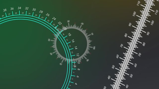 Animated circular and straight rulers move against a green gradient background.	