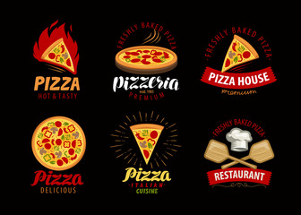 Pizza, pizzeria label or logo. Elements for menu design restaurant or cafe