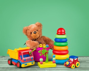 Colorful toys collection on desk