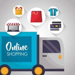 online shopping delivery truck stickers shop car credit cards shirt vector illustration