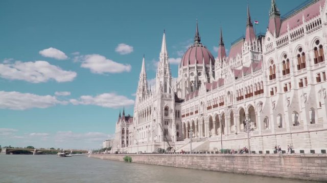 Hungarian parlement Budapest filmed in a sunny day from water