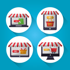 online shopping stickers shop stores buy sale basket car vector illustration