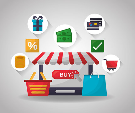 online shopping technology shop store basket bag money credit cards vector illustration