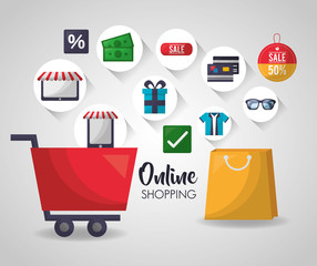 online shopping shop car handbag stickers accessories discount buy sale things vector illustration