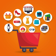 online shopping shop car stickers accessories money clothe vector illustration