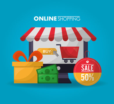 online shopping shop store gift box money sticker sale discount vector illustration