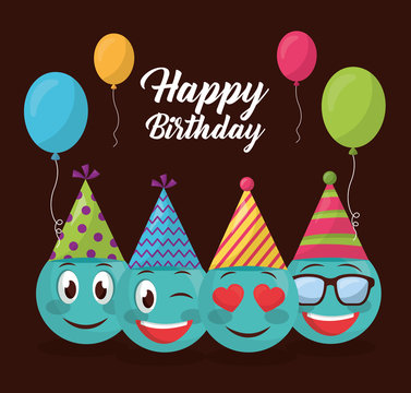 happy birthday emojis smiling stinging the eye love balloons party hats vector illustration