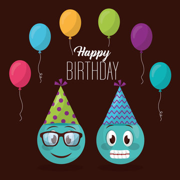 happy birthday balloons colors party hat emojis smiling using glasses vector illustration