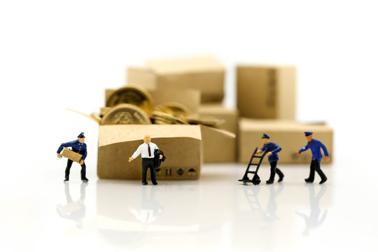 Miniature people: Worker and box with businessman shipping, rent container, business concept.
