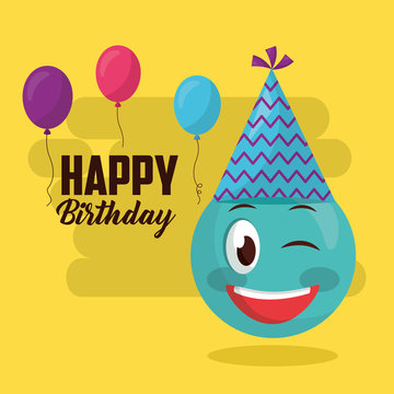 happy birthday emoji stinging the eye party hat balloons sign vector illustration