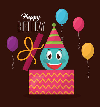 happy birthday balloons colors gift box emoji smiling party celebrate vector illustration